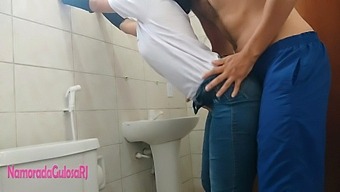 Brunette Babe Enjoys Creampie In Bathroom Stall